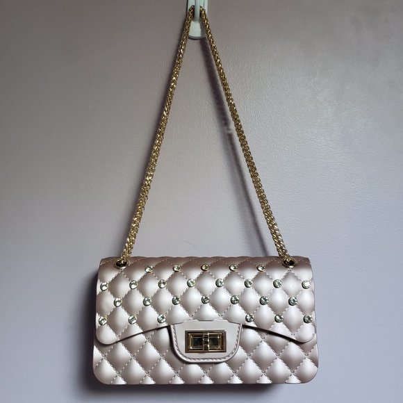 LA Express Purse - Pinkish Copper Purse with Peridot type Rhinestones NWOT - Picture 1 of 6